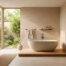 Wide horizontal view of a warm Japandi bathroom retreat featuring a wood vanity and a freestanding stone tub.