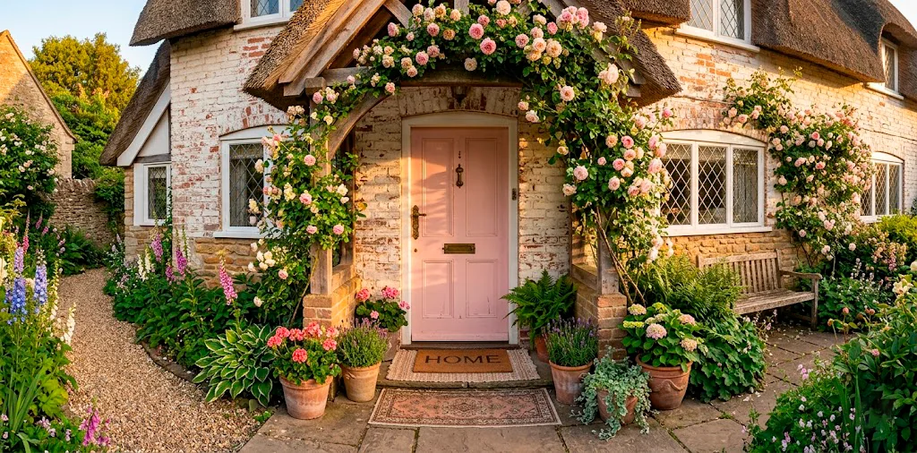A beautiful pastel pink front door on a charming cottage framed by lush greenery and climbing roses.
