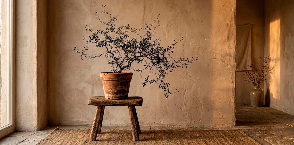 Wabi-sabi interior styling featuring an asymmetrical houseplant in a weathered terracotta pot against a textured plaster wall