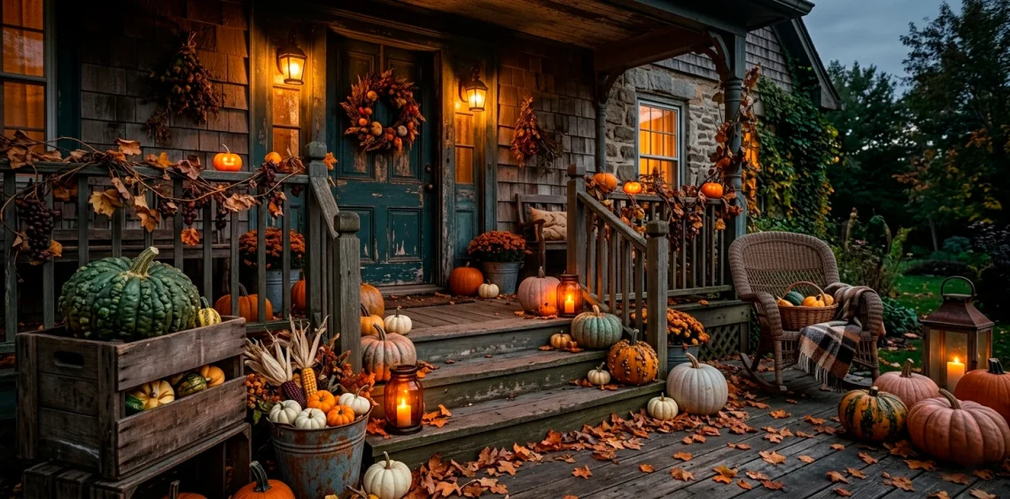 Wide horizontal view of a beautifully decorated vintage Halloween porch featuring heirloom pumpkins, antique crates, and rusted lanterns