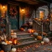 Wide horizontal view of a beautifully decorated vintage Halloween porch featuring heirloom pumpkins, antique crates, and rusted lanterns