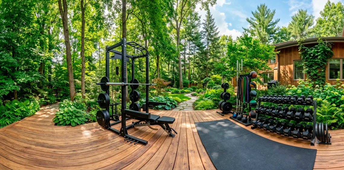 Large outdoor home gym built on a beautiful weather-resistant cedar decking platform surrounded by lush backyard trees.