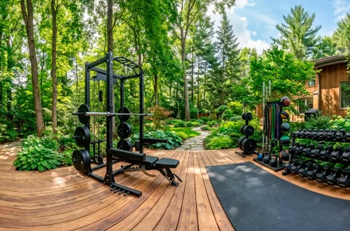 Large outdoor home gym built on a beautiful weather-resistant cedar decking platform surrounded by lush backyard trees.