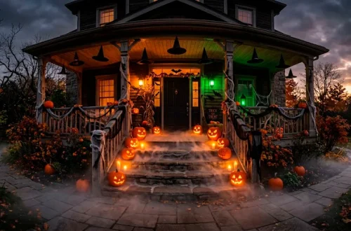 Atmospheric outdoor Halloween decoration ideas featuring a spooky glowing porch with fog and pumpkins.