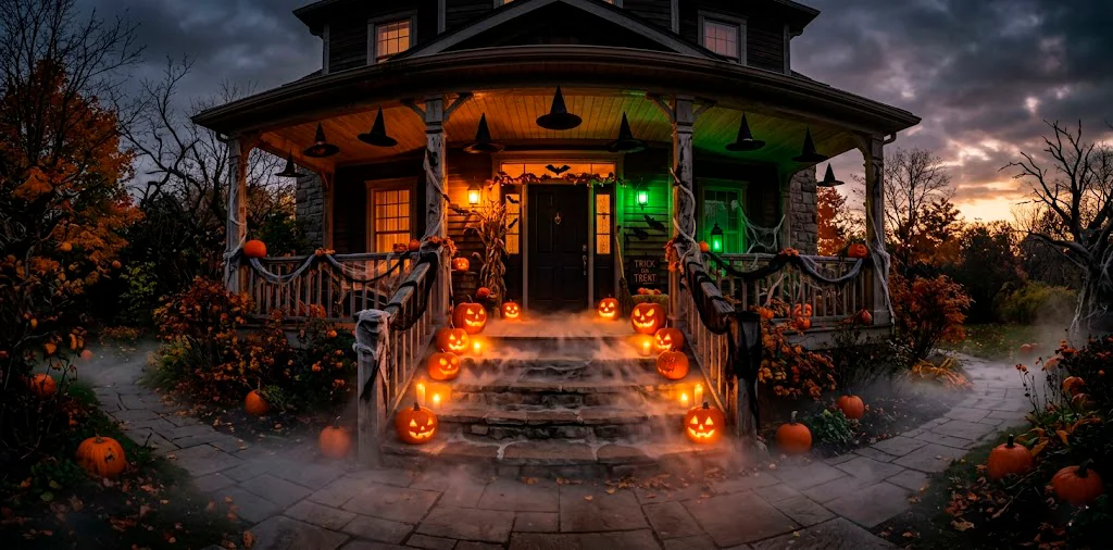 Atmospheric outdoor Halloween decoration ideas featuring a spooky glowing porch with fog and pumpkins.
