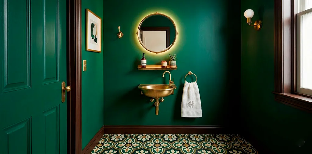Stunning micro powder room with emerald walls and a space-saving brass sink.