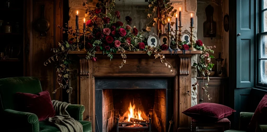 Moody dark cottagecore Valentine's mantle decor featuring dark roses, vintage brass candlesticks, and softly glowing fire.