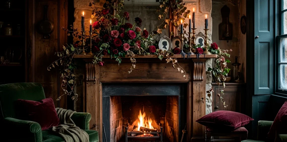 Moody dark cottagecore Valentine's mantle decor featuring dark roses, vintage brass candlesticks, and softly glowing fire.