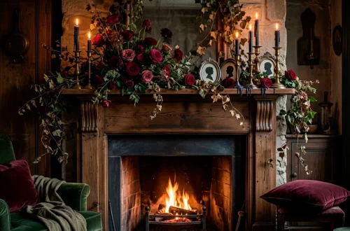 Moody dark cottagecore Valentine's mantle decor featuring dark roses, vintage brass candlesticks, and softly glowing fire.