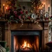 Moody dark cottagecore Valentine's mantle decor featuring dark roses, vintage brass candlesticks, and softly glowing fire.