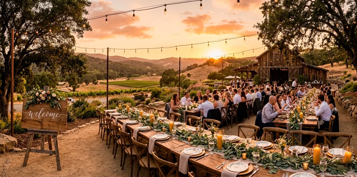 Rustic reclaimed wood wedding decor welcome sign set up at an outdoor sunset reception