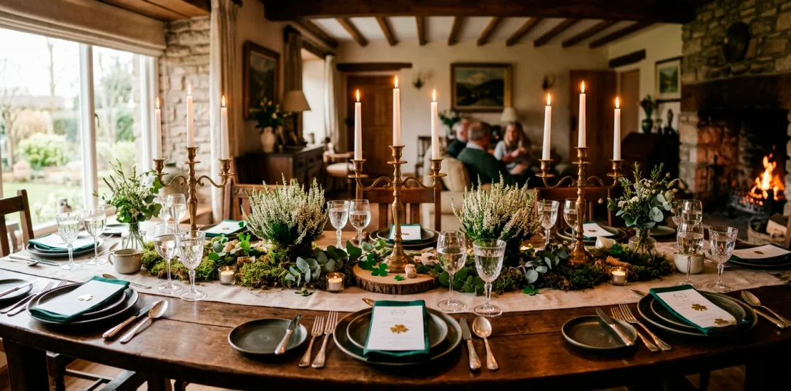 Traditional Irish dining table centerpiece with moss and taper candles for St Patricks Day