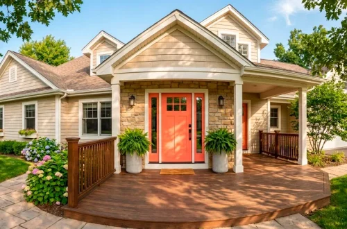 Bright coral front door on a summer porch with green ferns and modern concrete planters in warm sunlight.