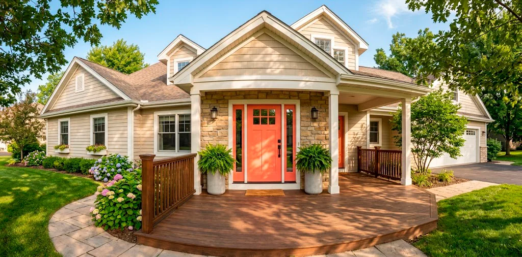 Bright coral front door on a summer porch with green ferns and modern concrete planters in warm sunlight.