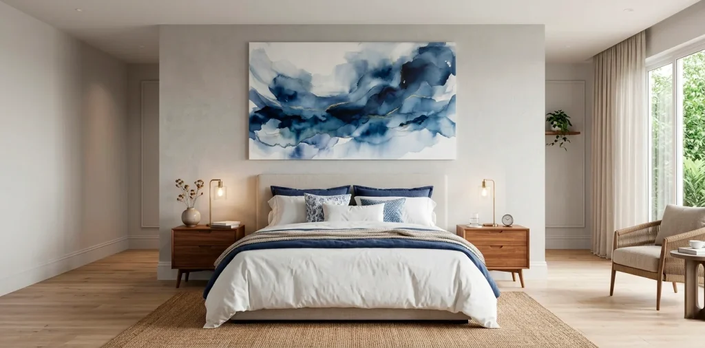 Large calming blue abstract painting above a comfortable bed in a bright modern bedroom