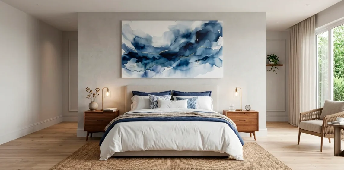 Large calming blue abstract painting above a comfortable bed in a bright modern bedroom