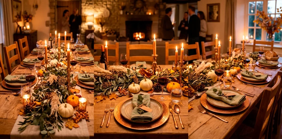 Earthy copper and sage Thanksgiving table decorations setting a warm autumn scene.