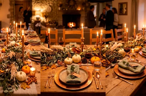 Earthy copper and sage Thanksgiving table decorations setting a warm autumn scene.