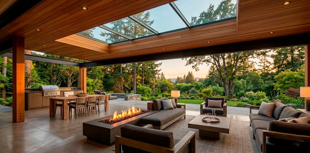 Luxury covered patio with seamless flat glass skylight and modern outdoor lounge furniture at golden hour.