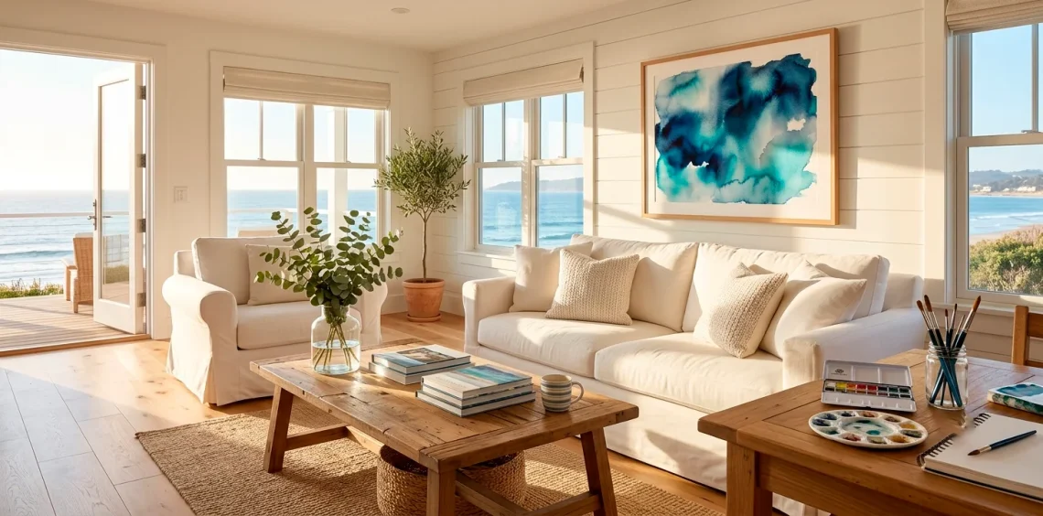A bright coastal living room featuring a large custom DIY watercolor art piece on the wall.