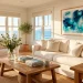 A bright coastal living room featuring a large custom DIY watercolor art piece on the wall.