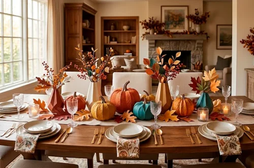Beautifully styled Thanksgiving dining table featuring elaborate 3D paper pumpkins and paper autumn leaf garlands.