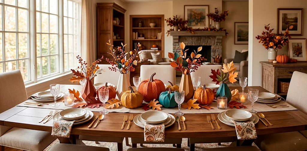 Beautifully styled Thanksgiving dining table featuring elaborate 3D paper pumpkins and paper autumn leaf garlands.