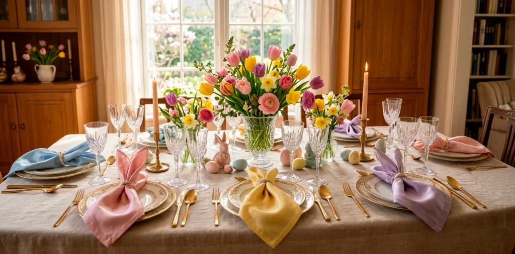 Beautifully set Easter table featuring elegantly folded pastel silk napkins on gold rimmed plates.