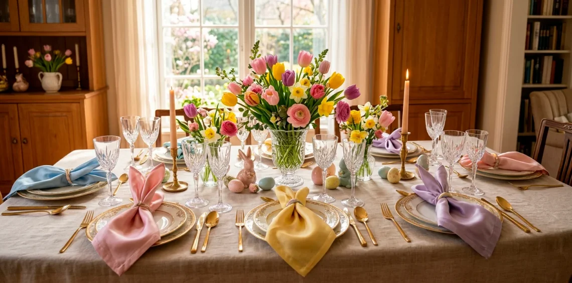 Beautifully set Easter table featuring elegantly folded pastel silk napkins on gold rimmed plates.