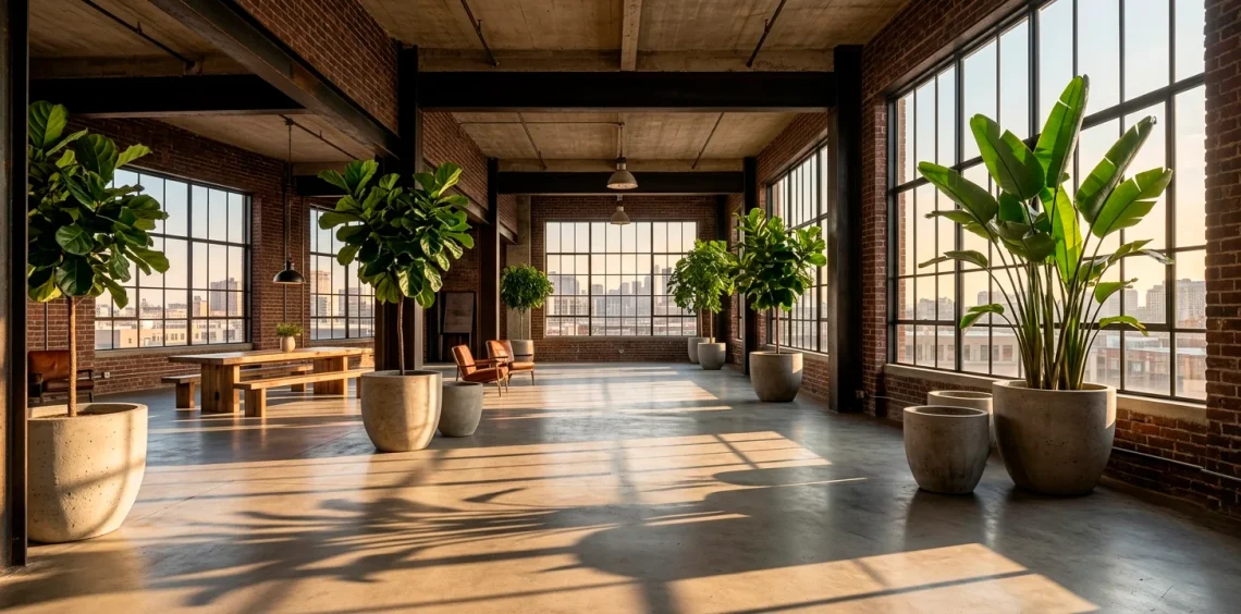 Large industrial loft space featuring oversized concrete planters and tall indoor trees.