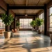 Large industrial loft space featuring oversized concrete planters and tall indoor trees.