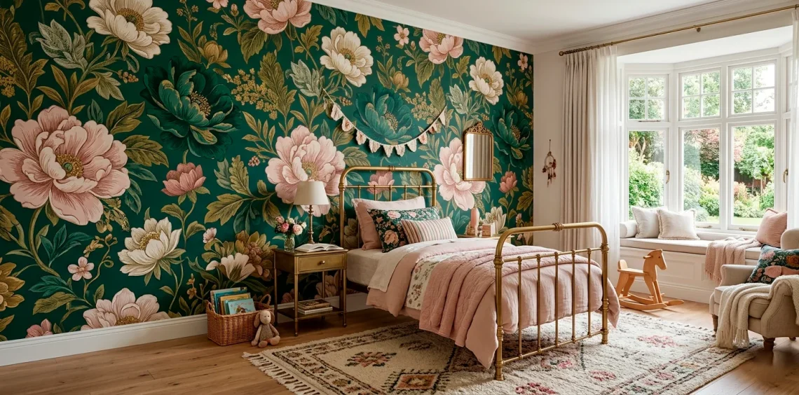 Oversized pink and green floral wallpaper mural in a stylish kids bedroom with a vintage brass bed.