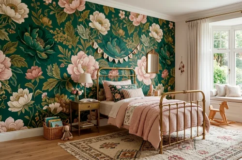 Oversized pink and green floral wallpaper mural in a stylish kids bedroom with a vintage brass bed.
