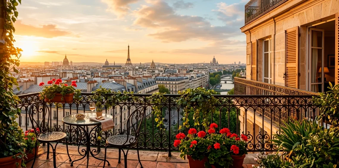 Panoramic view of a Parisian French balcony featuring a classic wrought iron bistro set at golden hour.