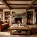 A cozy vintage living room showcasing reclaimed wood beams, wide-plank floors, and a rustic coffee table.