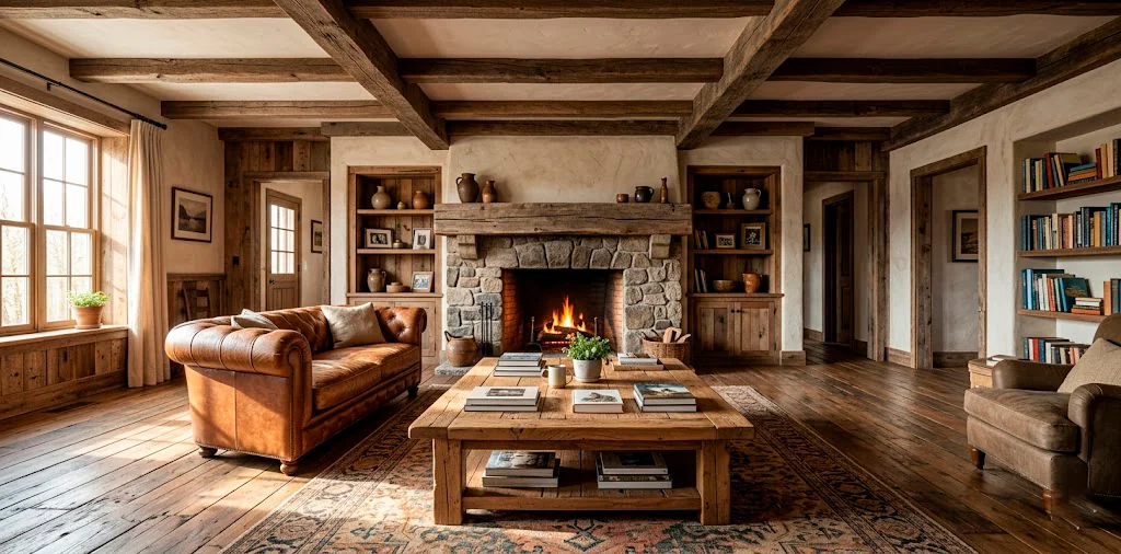 A cozy vintage living room showcasing reclaimed wood beams, wide-plank floors, and a rustic coffee table.