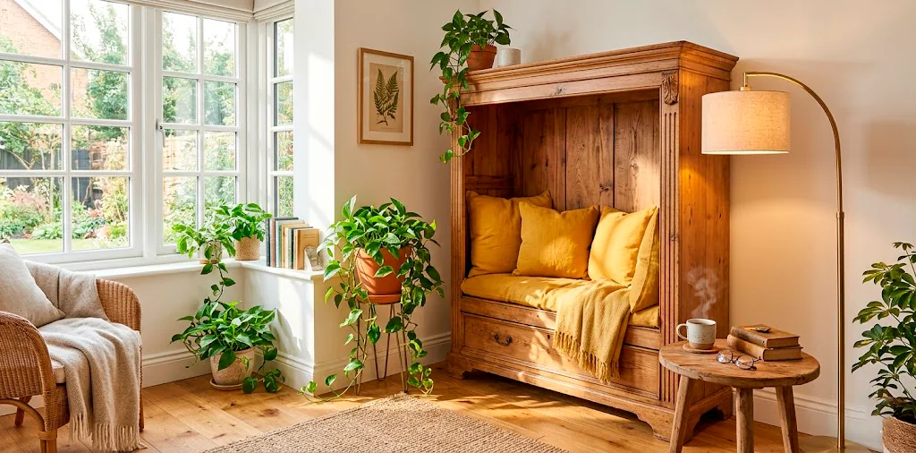 Wide view of a cozy reading nook created from an upcycled antique dresser with mustard yellow cushions