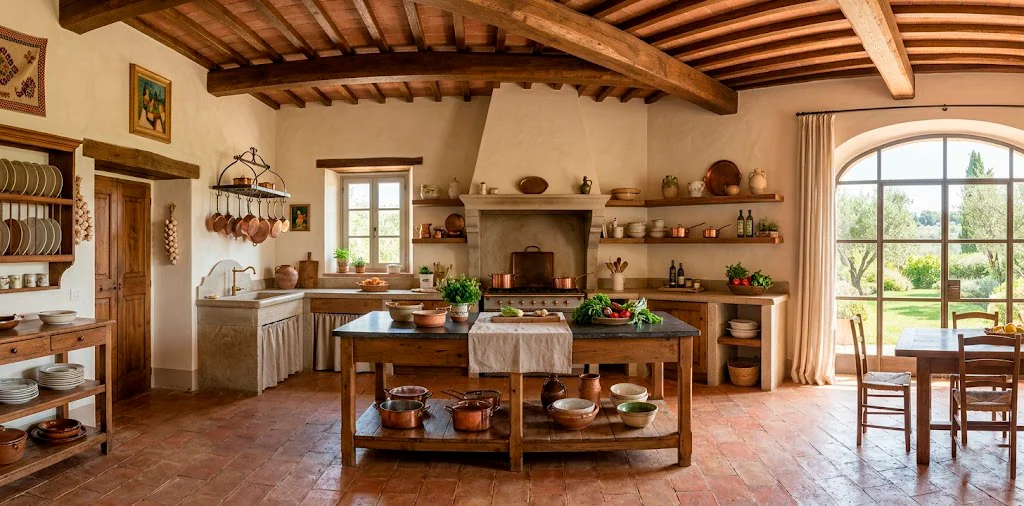 Warm Mediterranean kitchen featuring rustic terracotta tile floors and wood beams.