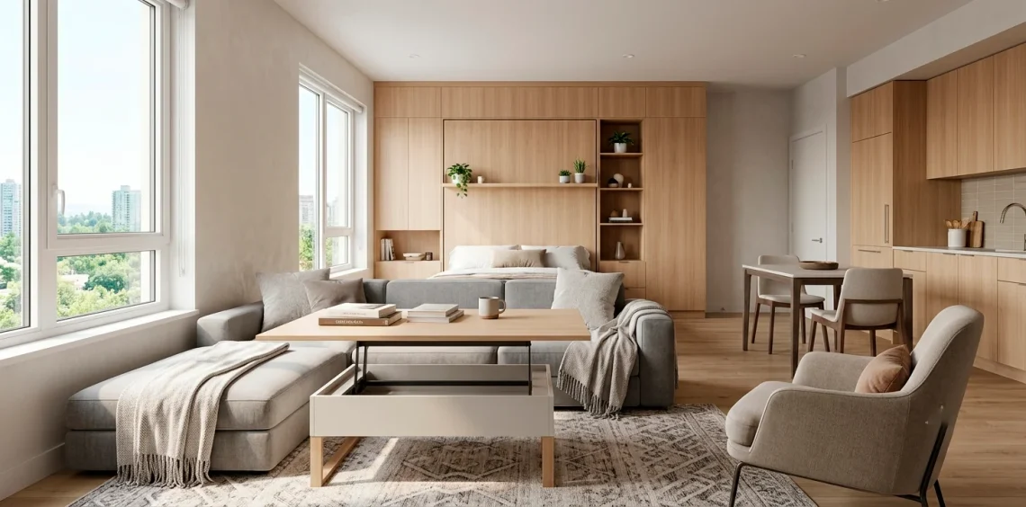 Bright micro studio apartment featuring a modular sofa, lift-top coffee table, and a sleek wall-integrated Murphy bed.