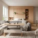 Bright micro studio apartment featuring a modular sofa, lift-top coffee table, and a sleek wall-integrated Murphy bed.