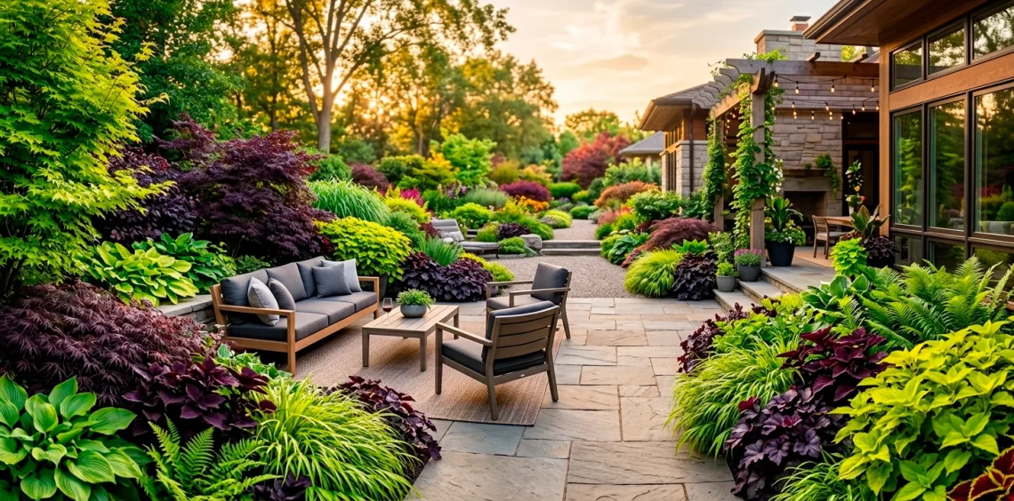 A modern garden landscape highlighting velvety deep purple plants contrasting beautifully with bright green foliage.