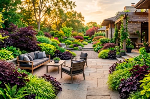 A modern garden landscape highlighting velvety deep purple plants contrasting beautifully with bright green foliage.
