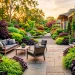 A modern garden landscape highlighting velvety deep purple plants contrasting beautifully with bright green foliage.
