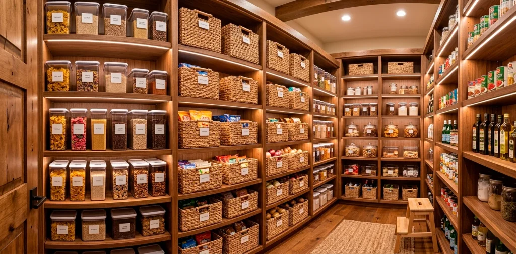 Perfectly organized deep pantry with clear bins and woven baskets on wooden shelves.