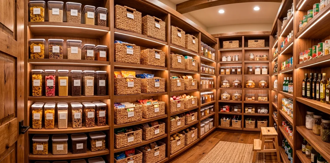Perfectly organized deep pantry with clear bins and woven baskets on wooden shelves.