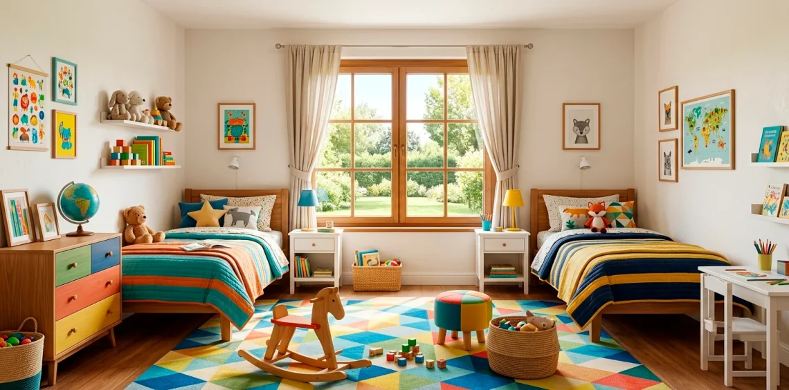Bright balanced shared kids bedroom layout with matching twin beds and modern colorful decor