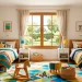 Bright balanced shared kids bedroom layout with matching twin beds and modern colorful decor