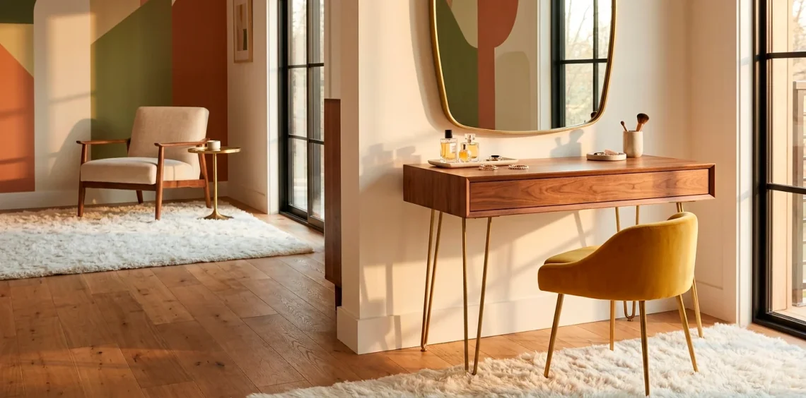 Wide view of a realistic mid-century modern dressing room featuring a walnut vanity and geometric decor.
