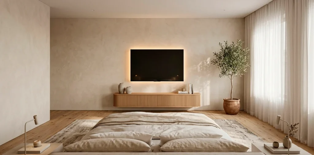 Serene bedroom with a sleek wall-mounted TV on a textured beige wall above a floating oak console with soft lighting.