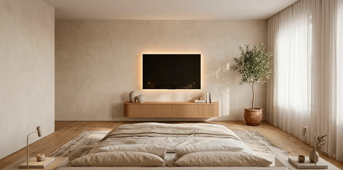 Serene bedroom with a sleek wall-mounted TV on a textured beige wall above a floating oak console with soft lighting.